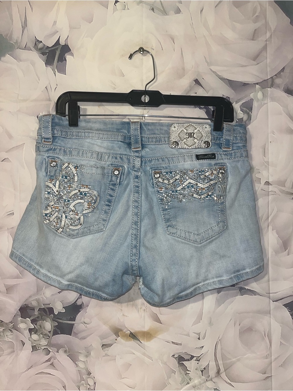 Miss Me Shorts Womens 30 Blue Denim Mid Rise Rhinestone Embellished Hot Pants